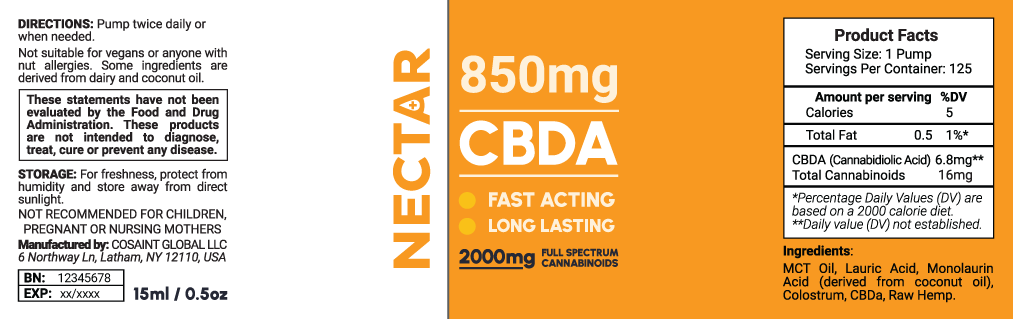 Nectar CBDA Oil Ingredients Label